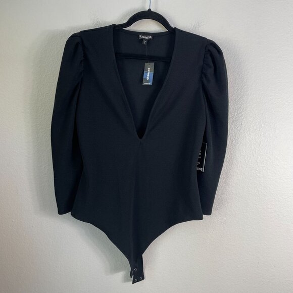 NEW Express Womens Large Black Deep V Neck Puff Sleeve Bodysuit Textured Top - Picture 7 of 10